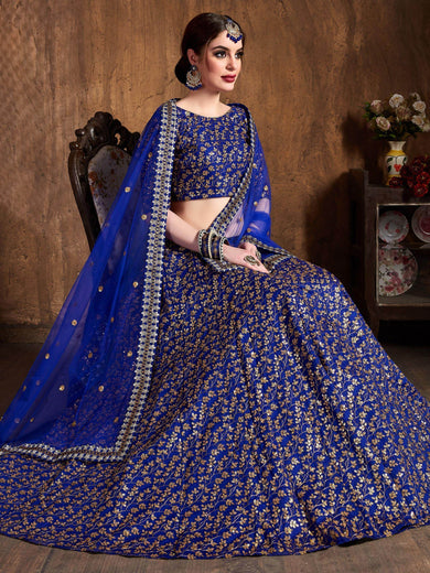 Blue Zari Embroidery Raw Silk Wedding Lehenga Choli With Dupatta